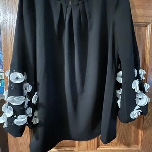 Alfani Black Blouse with White Floral Sleeves